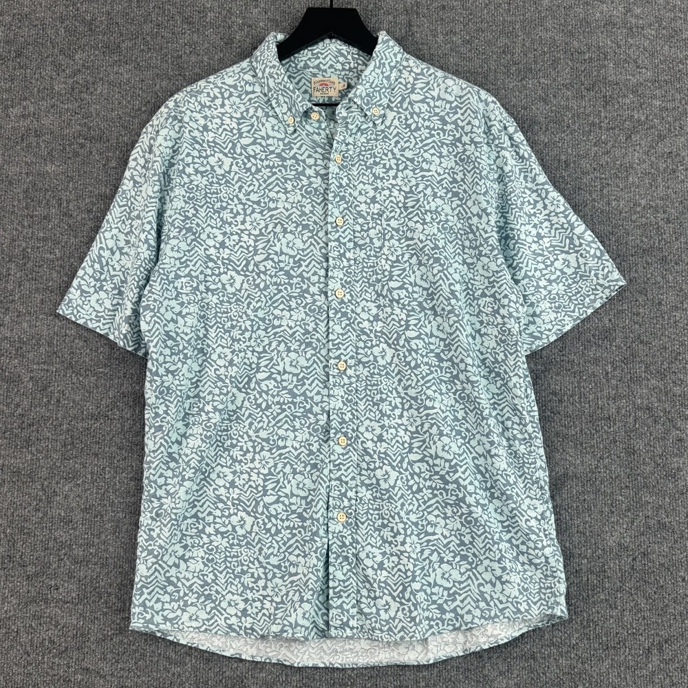 Faherty Button Up Shirt MENS L Blue White Floral Hemp Stretch Short Sleeve